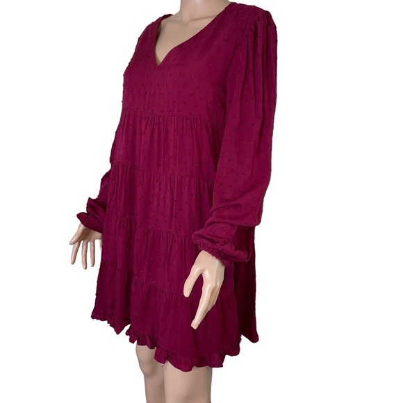 Mi Amore Dress swiss dot long puff sleeve tiered lined elastic waist SZ SM wine - Picture 8 of 12
